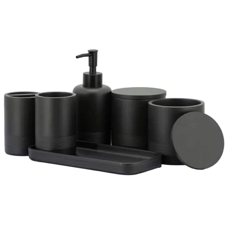 

Bathroom Accessories Set 6 Pieces - Toothbrush Holder, Lotion Dispenser, Qtip Container, Vanity Tray, Tumbler - Countertop Orga