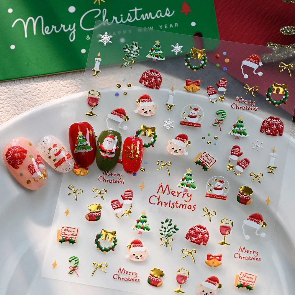 Kawaii Bear Snowman Wreath Nail Stickers 5D Embossed Gold Bow/ Xmas Tree Gloves Nail Decals 8*10cm Christmas Manicure Decora #t5