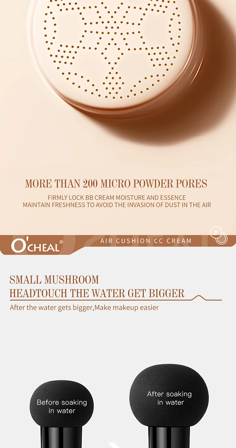 O'CHEAL Mushroom Cushion CC Cream Gesichts-Make-up Luftige Abdeckung Langanhaltend Feuchtigkeitsspendend Wasserfest Ölkontrolle Concealer BB Cream – Detail 9