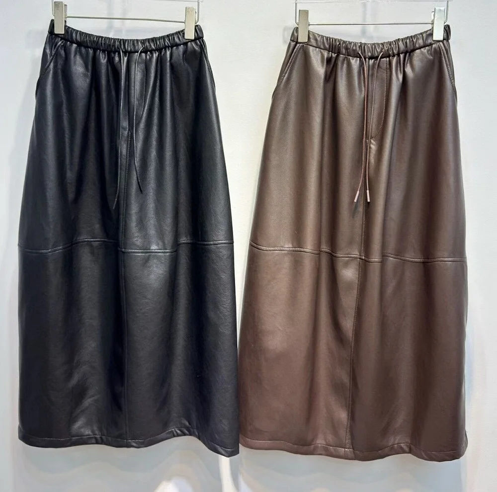 New 2025 Winter Long Skirt High Quality PU Leather Women Elastic Waist Pocket Patchwork Casual Long Khaki Black Leather Skirts