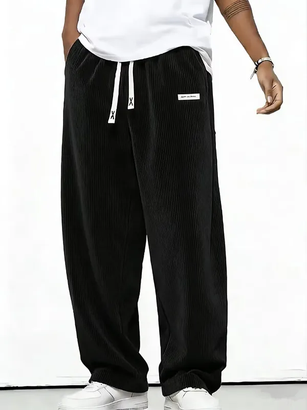 2026Autumn Mens Corduroy Casual Pants Fashion Loose Fit Pants Straight Sweatpants Elastic Waist Drawstring Outdoor Streetwear