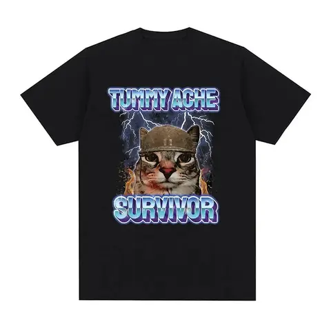 Vintage Tummy Ache Survivor Funny Cat Meme Tee Shirt Men Women Clothing Fashion Short Sleeve T-shirt Casual T Shirts