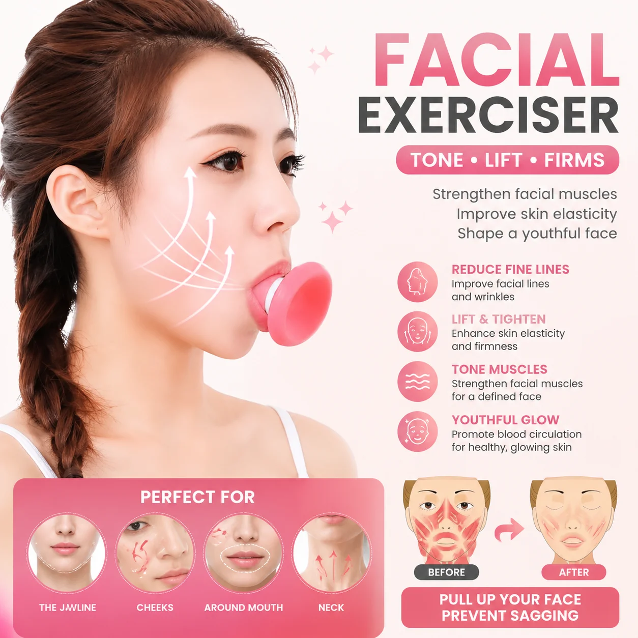 

De crease removing tool for facial lifting, facial firming and improving V-face instrument, V-face muscle masseter trainer