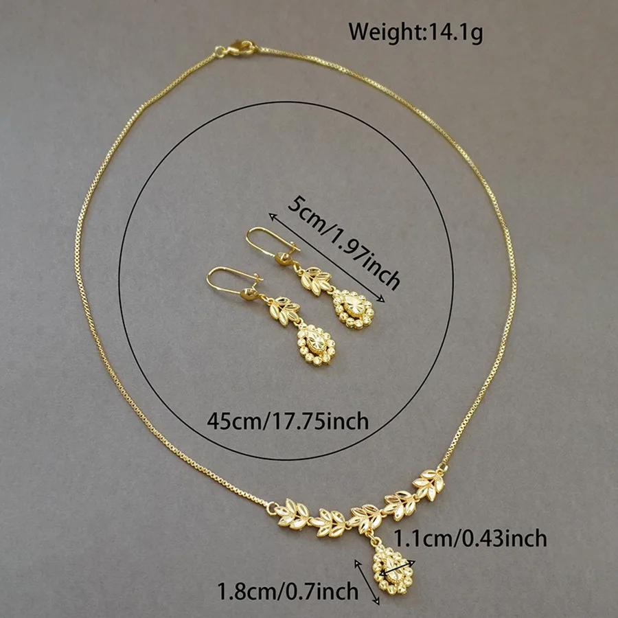 9999 gold two-piece women's leaf-shaped necklace and earrings, Ethiopian Beyi love necklace set