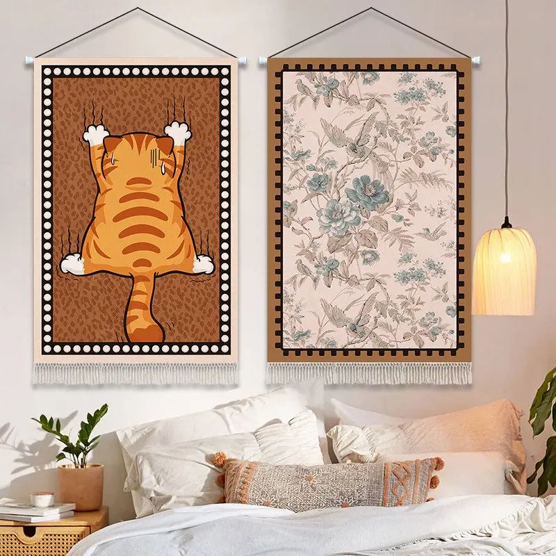 VIKAMA Boho Animal Print Tapestry Retro Cat Swan Floral Art Linen Wall Hanging Bedroom Dorm Living Room Home Decor Unique Gift