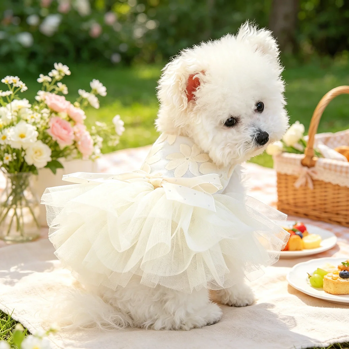 Cremeweißes Tüll-Hochzeitskleid für Haustiere, Elegantes Spitzen-Feenoutfit für Kleine Hunde und Katzen, Passend für Teddy, Pomeranian, Yorkshire, Malteser – Detail 7