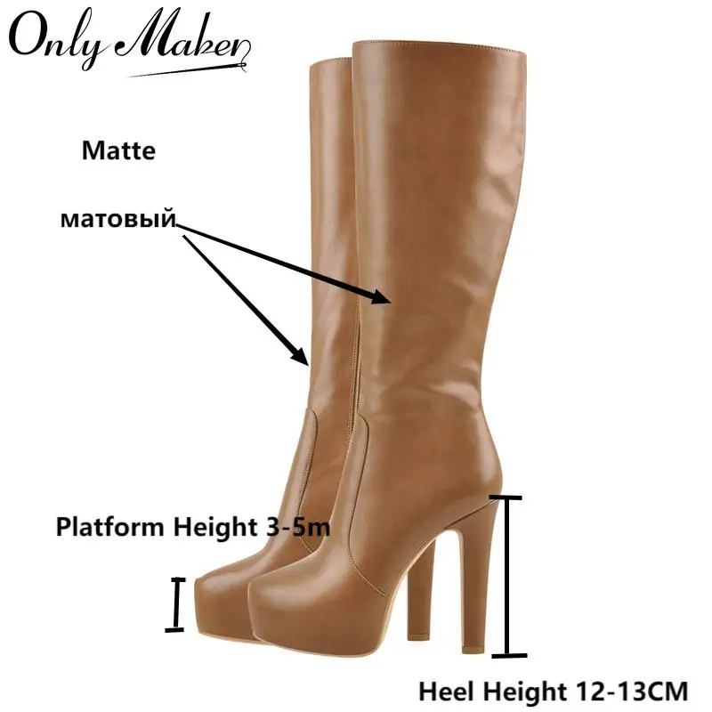 Onlymaker Women Brown Knee High Boots Round Toe Matte Side Zipper Fashion Party Dress Big Size Handmade Winter Boots