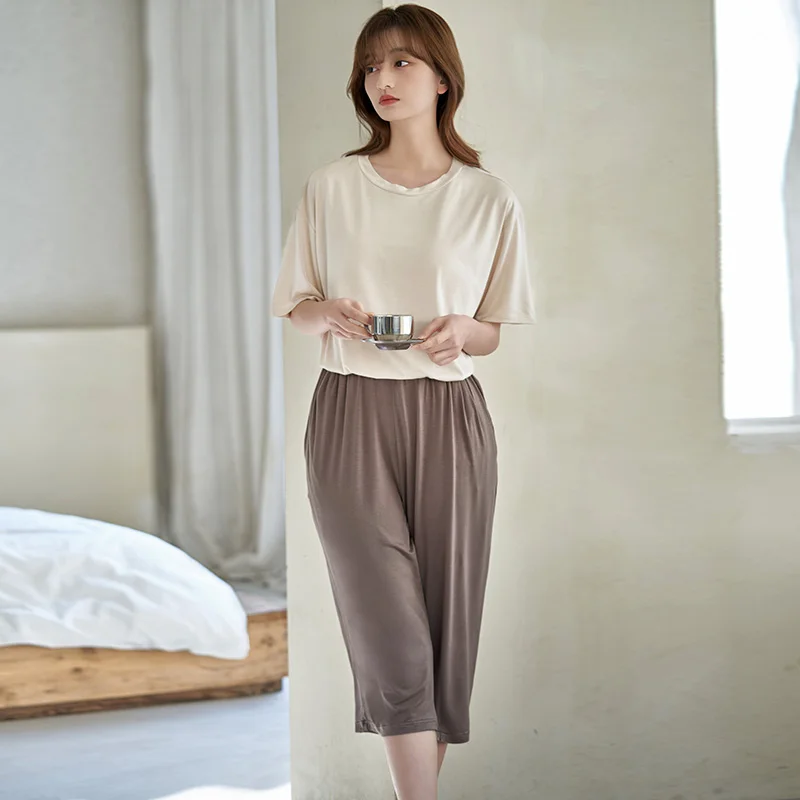 With Chest Pad Tops + Calf-Length Pants Modal Women's Pajamas Set Solid Color Homewear Short Sleeve Pyjamas Female Lounge Wear