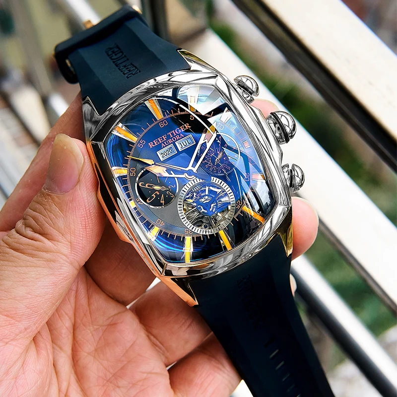 Imagem -03 - Reef Tiger-homens Tourbillon Mostrador Azul Sport Ver Display Analógico Pulseira de Borracha Relógio Luminoso rt Designer Rga3069