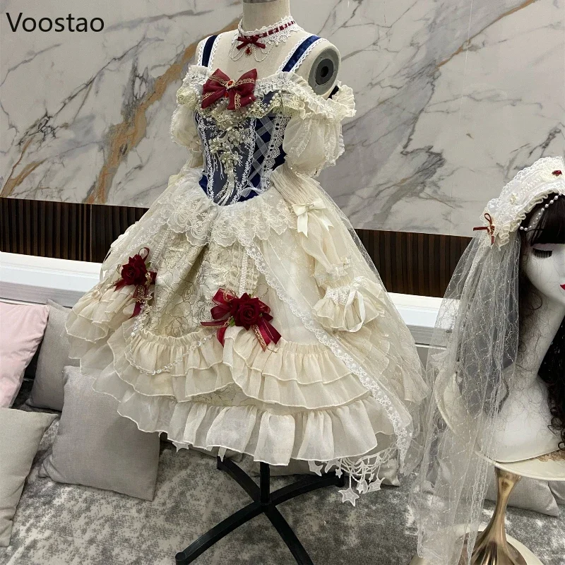 Japońska słodka sukienka księżniczki Lolita kobiety elegancka kokardka w stylu vintage Off ramię koronkowa siatka perłowa suknie wieczorowe ubrania Lolita