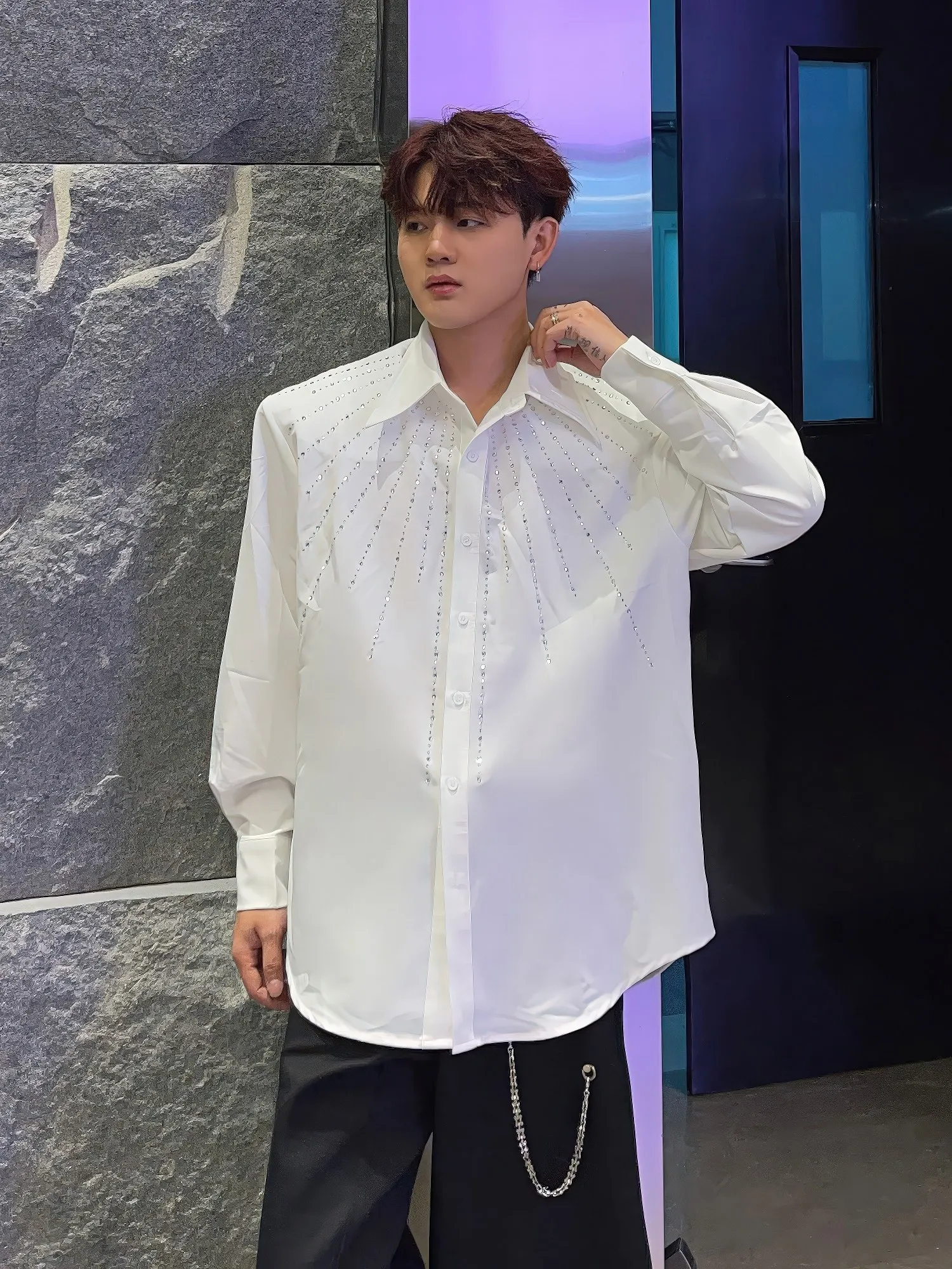 White Shoulder Pad Long Sleeve Shirt Men's High-End Design Trendy Match All Seasons Casual Style Polyester Fiber Non-Iron
