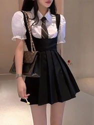 유행 Jk 유니폼 투피스 세트 여름 미니 블랙 스커트 넥타이 퍼프 슬리브 셔츠 여성 패션 크로스 바디 드레스