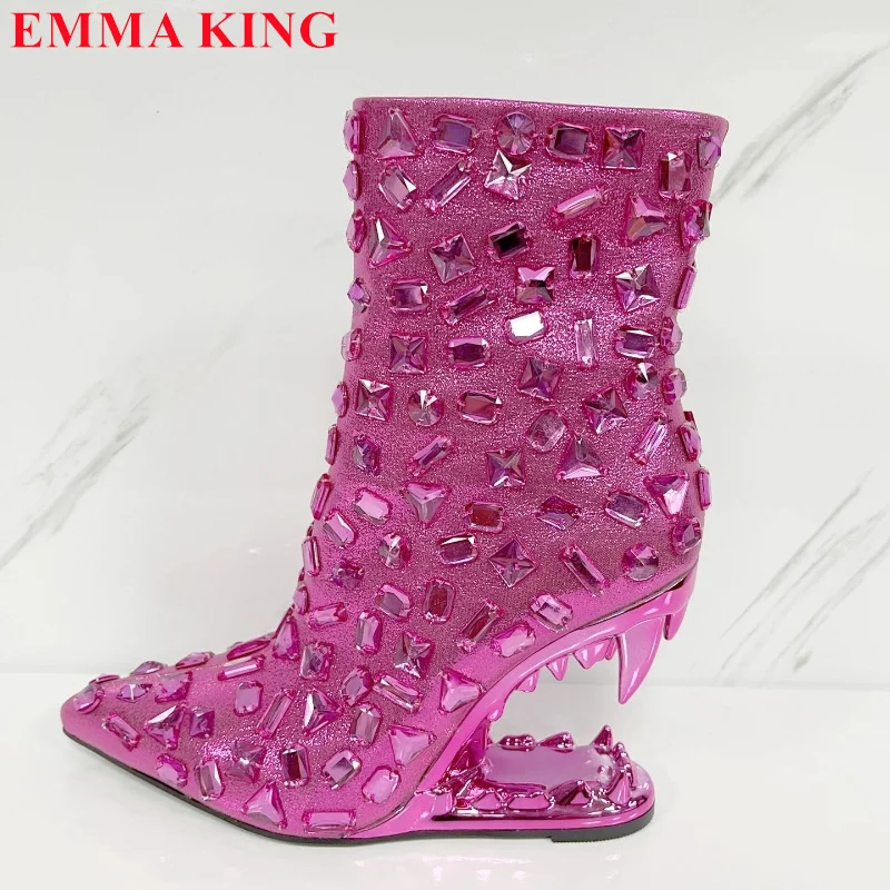 

2023 Stange Heel Rhinestone Ankle Boots Women Runway Crystal High Heels Party Shoes Ladies Designer Winter Autumn Short Booties