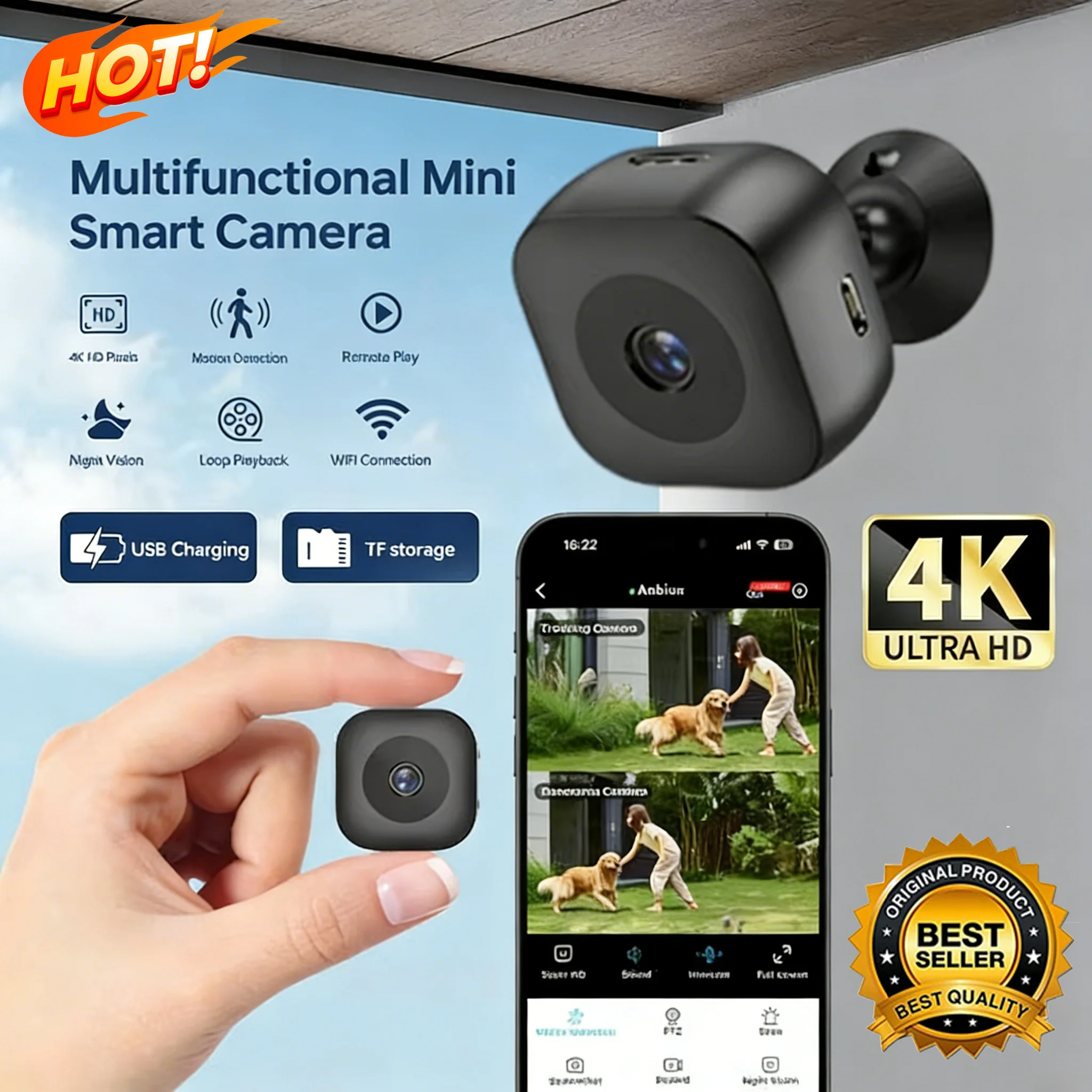 

Новая камера безопасности 4K, мини-полноцветная камера ночного видения HD Wi-Fi, водонепроницаемая мини-камера наблюдения с обнаружением движения 2026