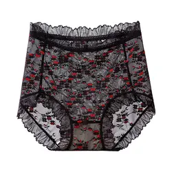Women Sexy Lace High Waist Underwear Elasticity Transparent Thin Mesh Panties for Plump Female Breathable Embroidery Breifs