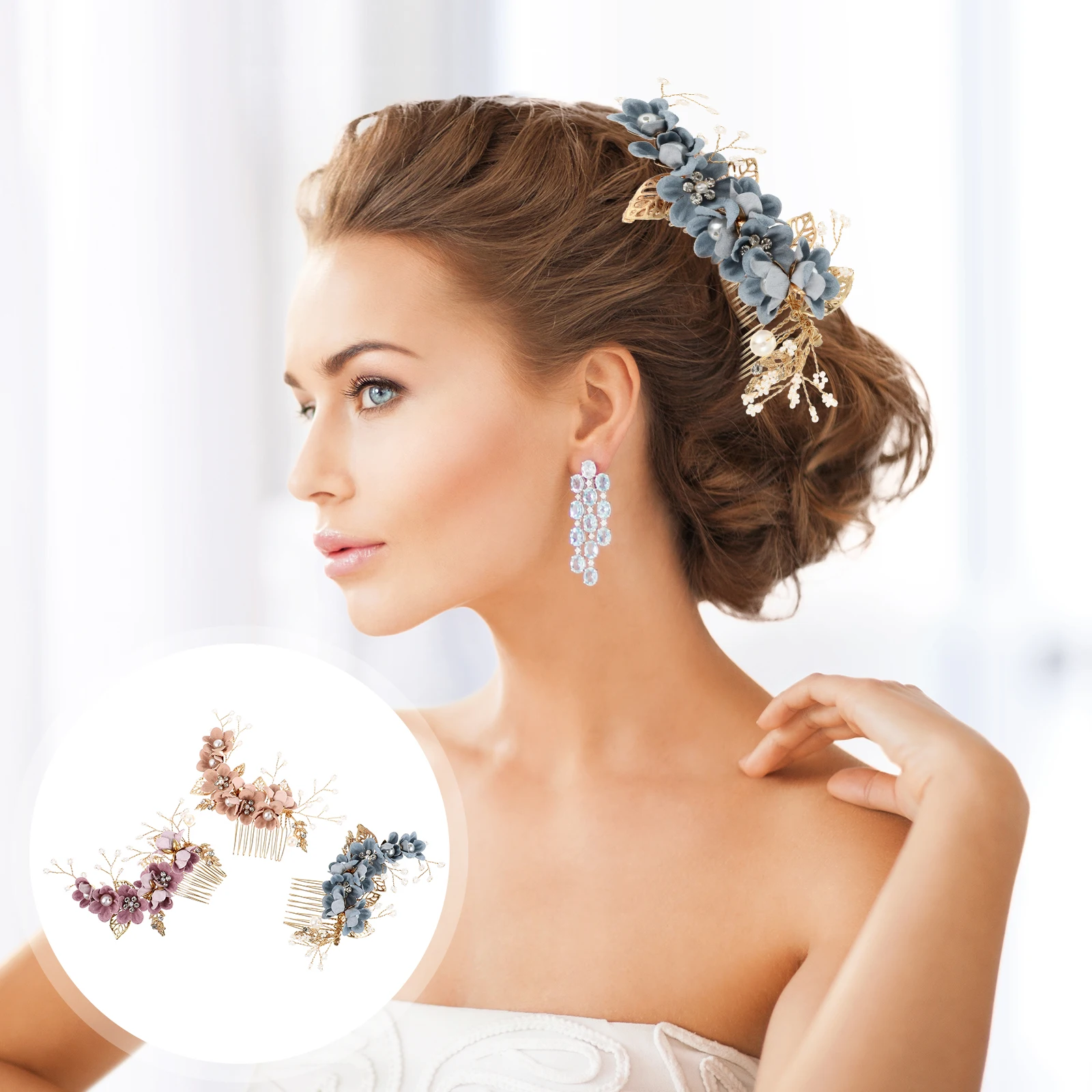 

3pcs Flower Bridal Hair Comb Handmade Alloy Wedding Accessories Purple Blue Pink For Party Prom Engagement Anniversary Event
