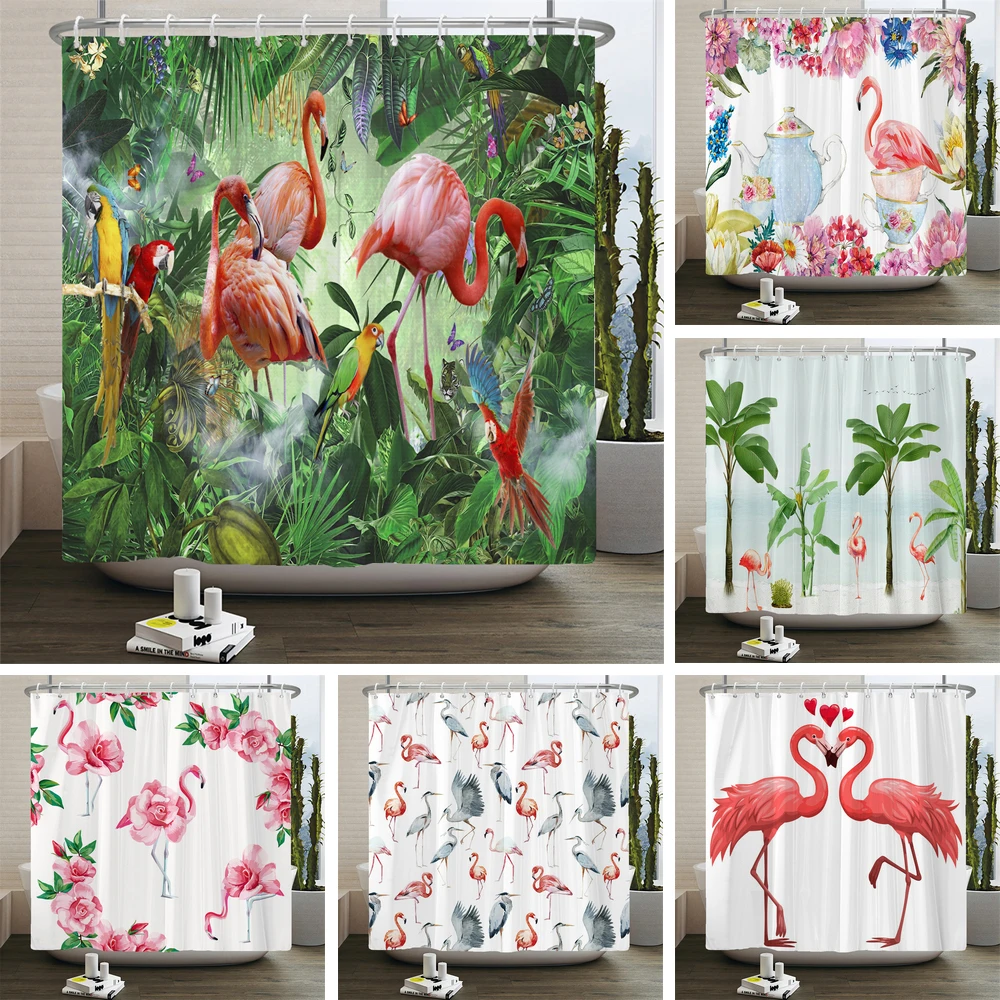 

Nordic style Plant Flower Birds Shower Curtain Waterproof Polyester Pink Flamingo Bath Curtain Bathroom Decor Curtain With Hooks