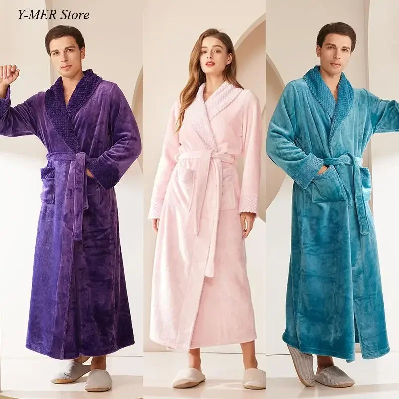 2024 New Thicken Flannel Robes Bathrobe Gown Women Warm Kimono Nightwear Soft Shower Nightgown Loose Sleepwear with Pocket