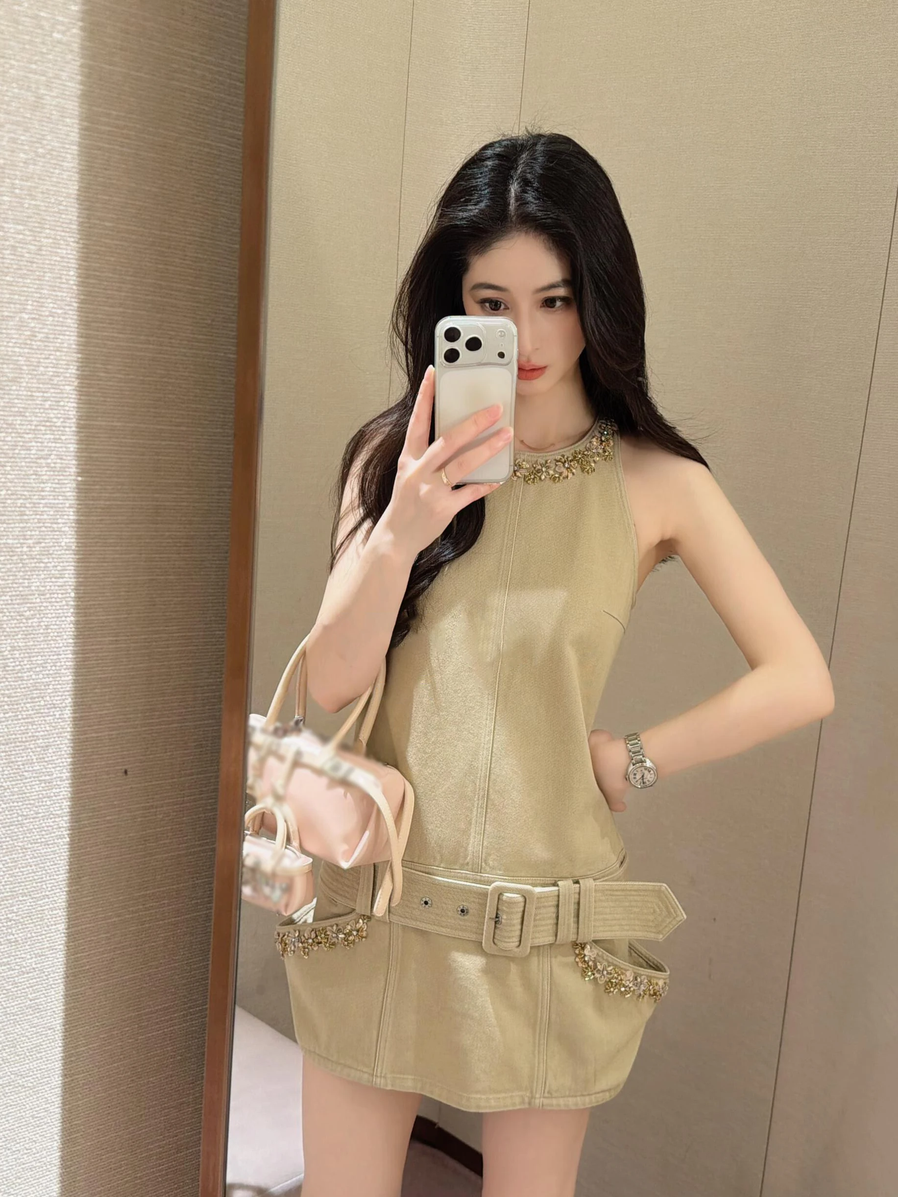 

Elegant Retro Heavy Embellished Waist-Cinching Women's Dress Cotton Polyester Blend Summer Fashion Casual Chic Workwear