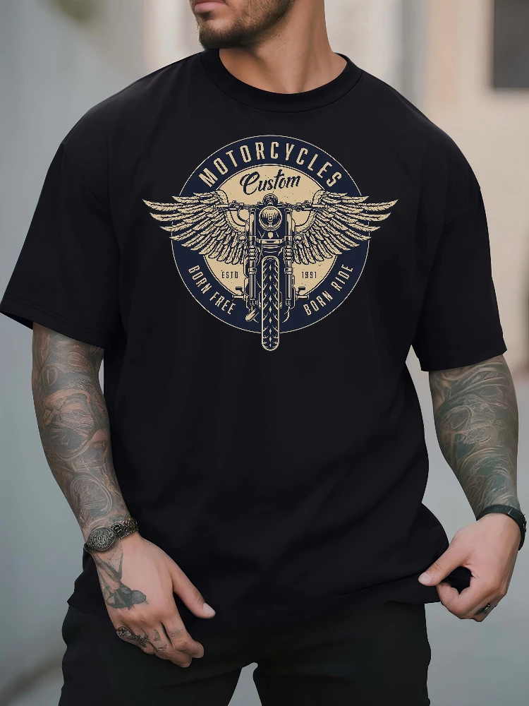 

Men's 100% cotton T-shirt: printed with free riding: motorcycle with wings-short sleeve casual printed T-shirt.