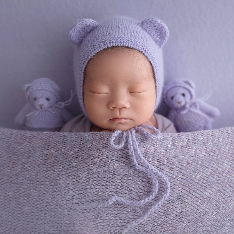 Cappello Ultra Morbido con Pompon per Fotografia Neonati 0-1 Mese, Accessorio Elastico con Orecchie da Coniglio/Orso per Servizi Fotografici