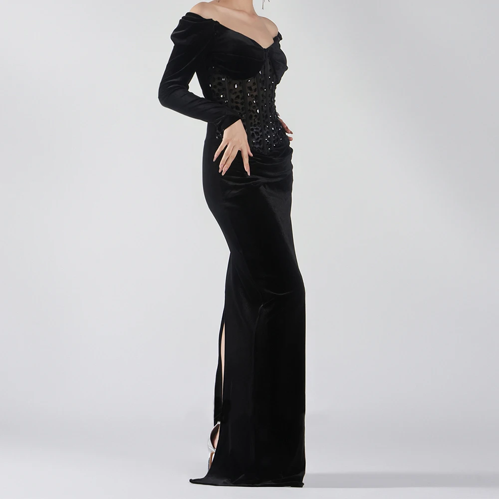 

Customized Straight Evening Dresses Floor-length Off The Shoulder Full Sleeve Prom Gown Fashion Crystal Backless Party Gown