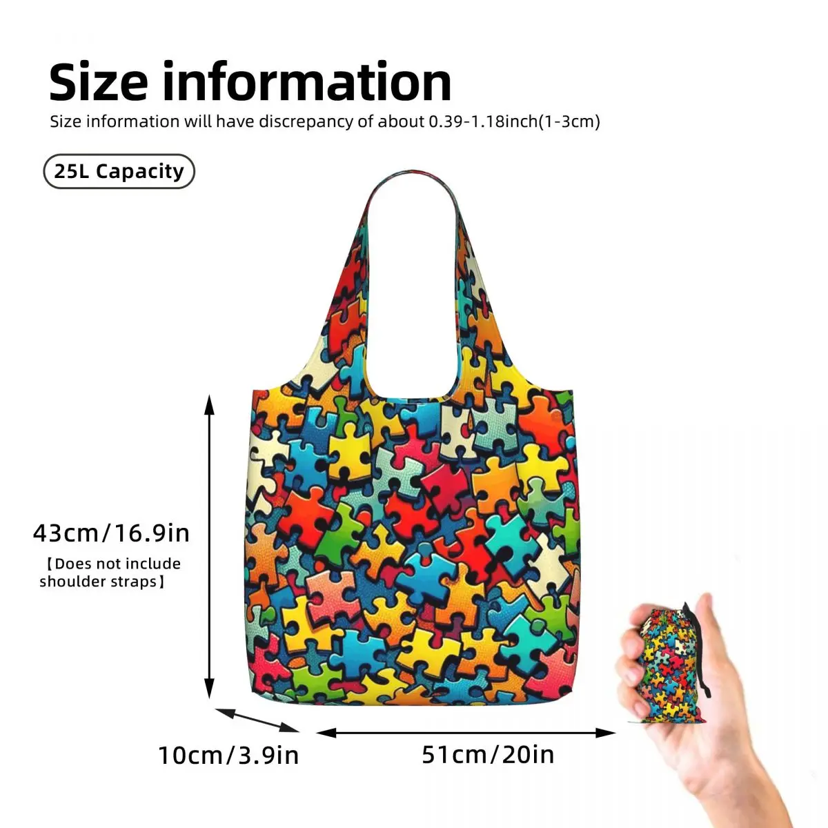 Autism Awareness Colorful Puzzle Piece Print Shopping Tote Bag Canvas Large Capacity Shoulder Bags Shopper Grocery Handbag