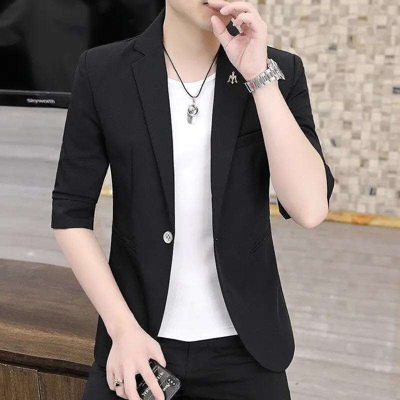

Slim Fit ort Sve Suit for Young Men Sli Casual Thin Sle Korean Trend Polyester Fiber Urban Faion Spring Summer