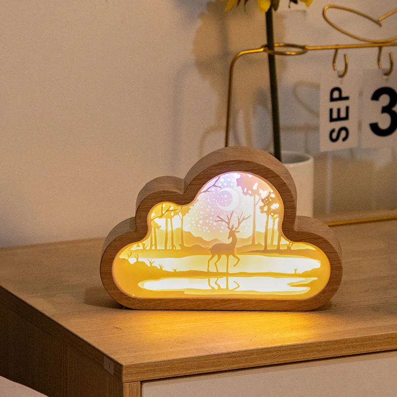 Neue Holzmaserung Wolke Stil Licht und Schatten 3d Papier Schnitz lampe Geburtstags geschenk für Mädchen Schlafzimmer Dekoration Nacht Nachtlicht