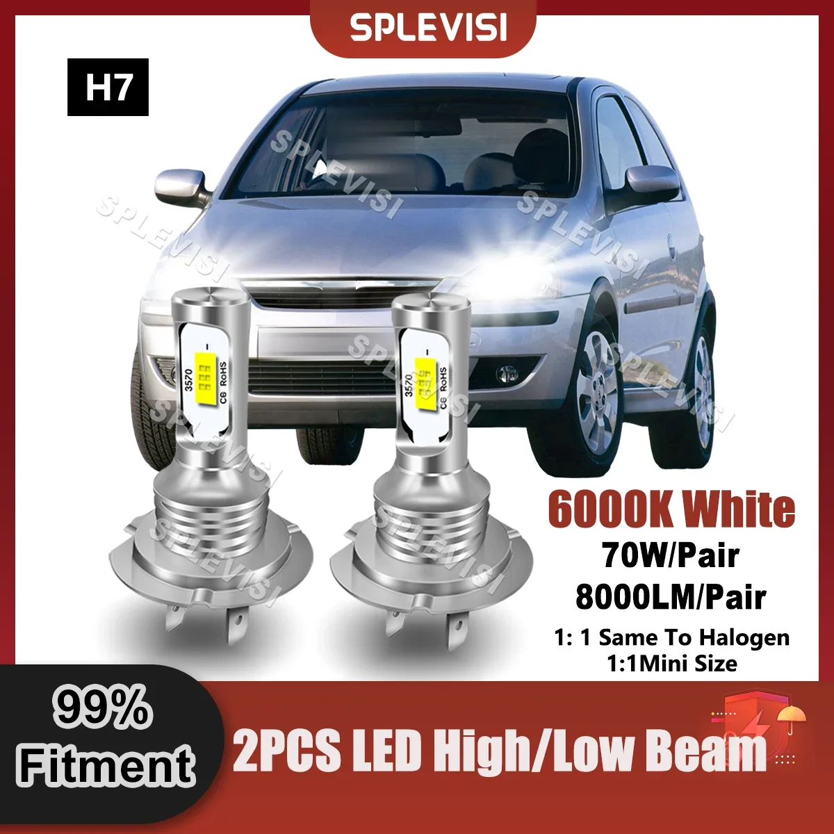 

2x H7 LED Headlight High/Low Beam Bulbs 70W 8000LM For Renault Laguna Coupe 2008 2009 2010 2011 2012 Replace Car Light