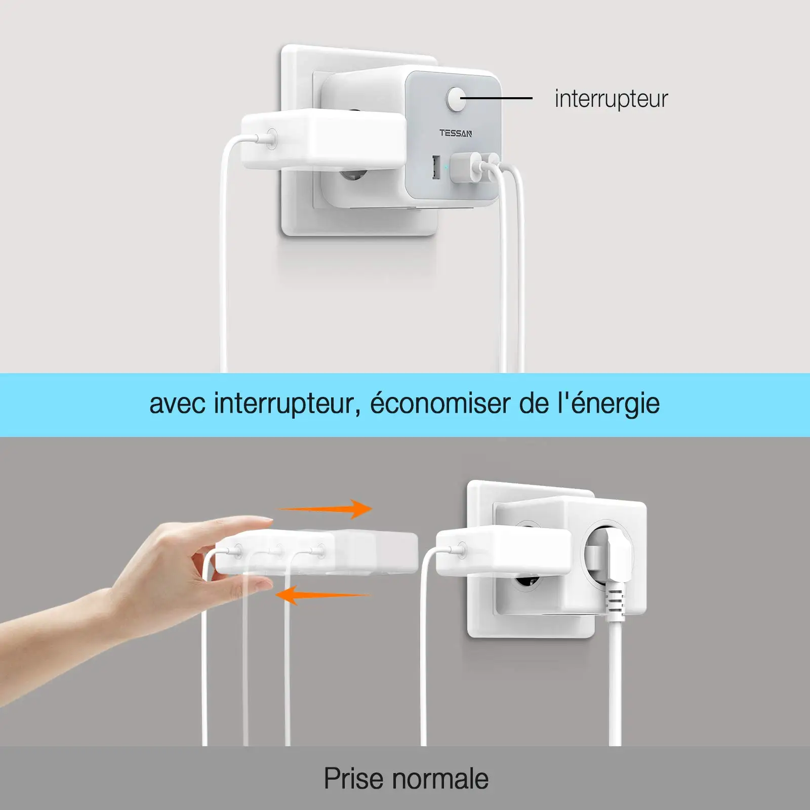 TESSAN Tomada de parede múltipla com 3 tomadas CA 3 portas USB Adaptador USB 6 em 1 com proteção contra sobrecarga para smartphone tablet casa