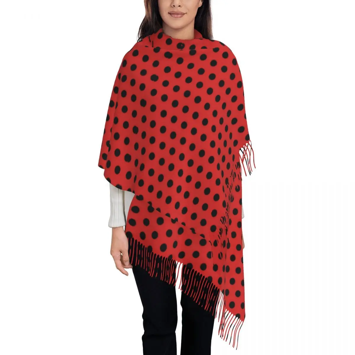 

Retro Polka Dots Scarf with Tassel Red and Black Warm Shawl Wrap Women Custom DIY Head Scarves Winter Casual Foulard