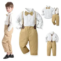 Khaki Boys Gentlemen Suit Wedding Birthday Party Ring Bearer Outfit Fashion White Shirt Suspender Pants Boys Boss Baby Outfit