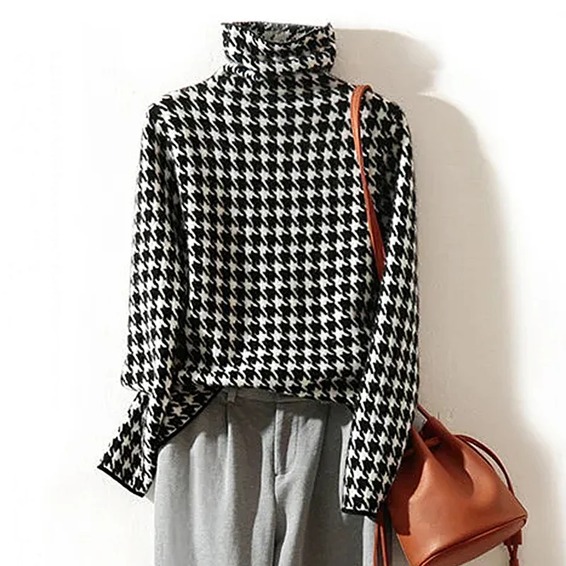 Houndstooth Plaid Turtleneck Vintage Soft Knitted Women\'s Sweater Korean Fashion Long Sleeve Jumpers Female Pullover Chic Tops