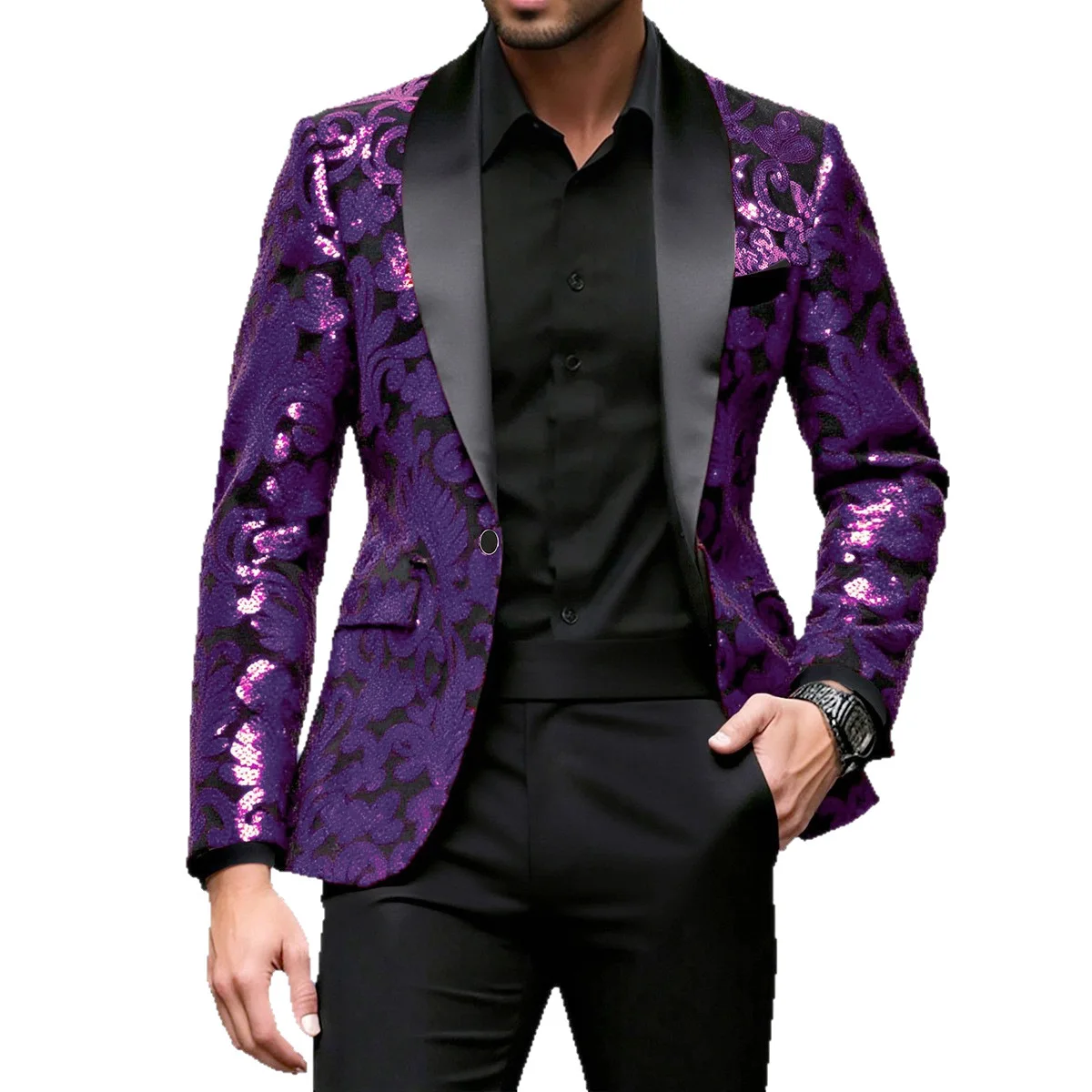 2026 New Men's Gold V-Neck Suit Jacket, Sequins Decoration Dress Top Coat, Perfect for Wedding/Party/Stage Performance