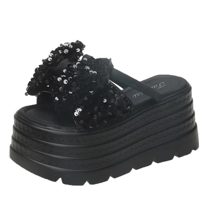 

8CM Women Bling Chunky Slippers Summer Ladies Beach Flip-Flops Wedges Heels Outside Leopard Sandals Woman High Platform Shoes