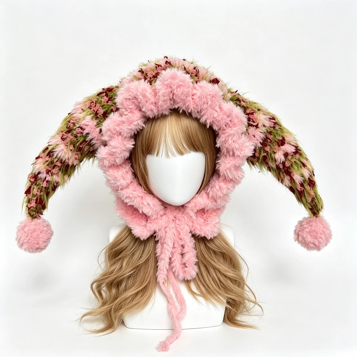 Custom Hand‑Crocheted Pink Floral Jester Bunny Ears Hat For Woman Plush Knitted Pom Pom Hood Kawaii Fairy Lolita Winter Headwear