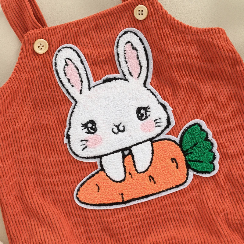 

Cute Bunny Rabbit Jumpsuit Sleeveless Embroidered Carrot Romper for Easter Adorable Outfit for Baby Boys and Girls