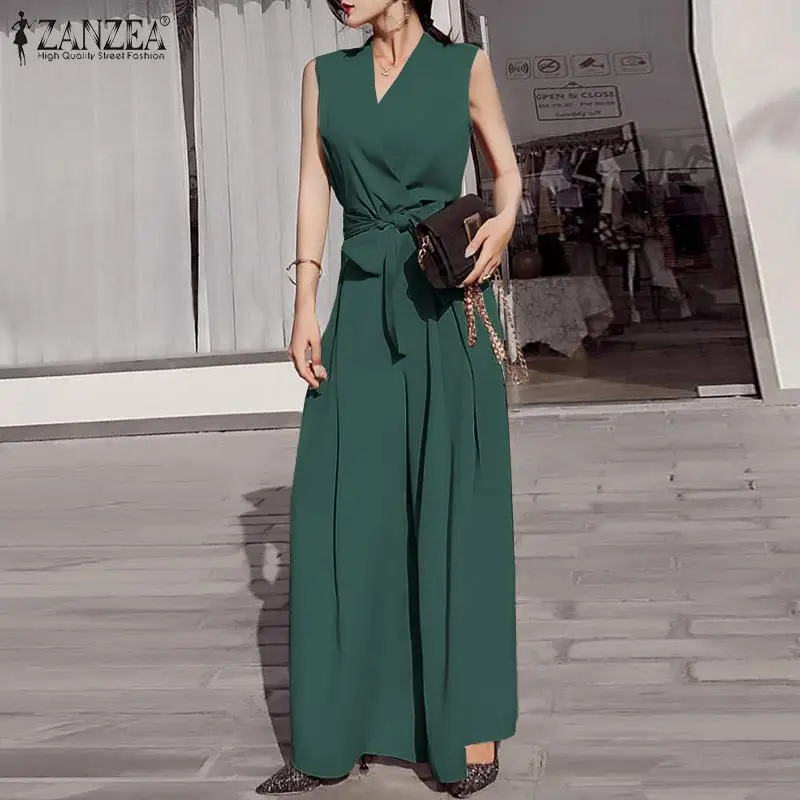 

Summer Jumpsuits ZANZEA Fashion Women V Neck Sleeveless Rompers Casual Loose Work Playsuits Elegant Solid OL Wide Leg Overalls