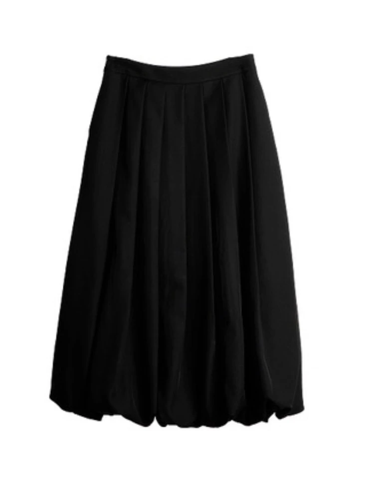 OLrain المرأة برعم تنورة 2025 الخريف جديد في عالية الخصر مطوي ميدي التنانير موضة عادية الصلبة فضفاض تنورة أنيقة O57QB001036