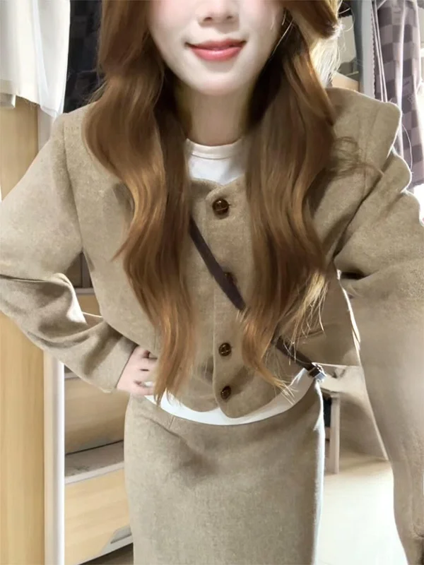 

French Style Cashmere Coat And Skirt Set Autumn Winter Small Size Fashion High Grade Chestnut Color Two Pieces Ensemble