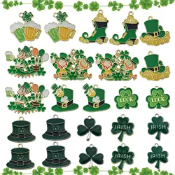 10/14pcs Enamel Green Lucky Clover Hat St. Patrick's Day Charm Family Carnival Party Pendant For DIY Jewelry Making Ornaments