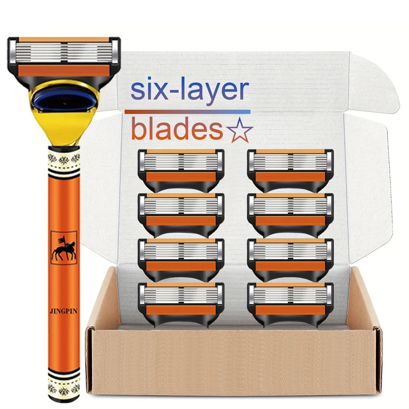 Men's Manual Safety Razor Features precision 6 layer stainless steel blades and an ergonomic handle. Includes 4-24 replacement