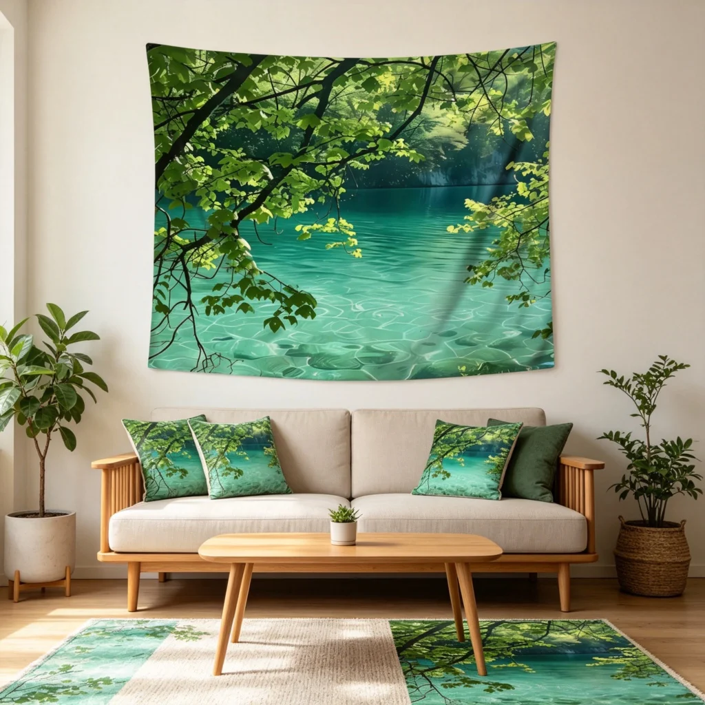 1PC Green Lake Tree Leaf View Print Backdrop Banner, Bedroom Living Room Photo Background, Polyester, Home Decor, Wall Art