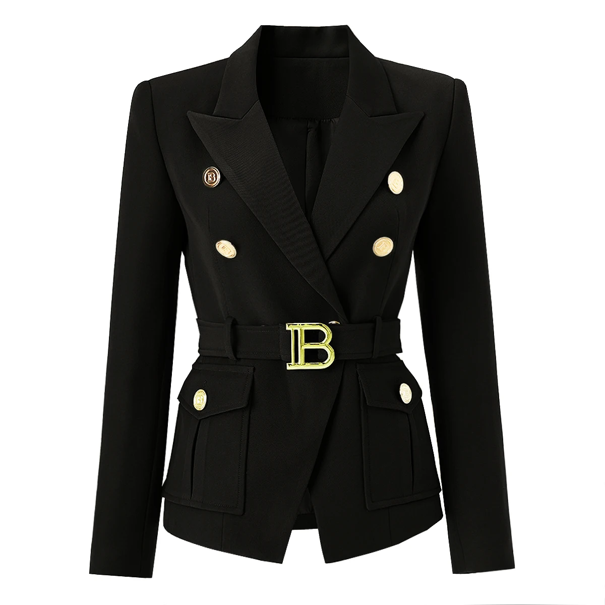 S-3XL High Quality New Fashion Solid Pocket Belt Decoration B Button Commuter Women\'s Suit Coat Blazer