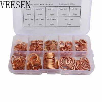 200 ชิ้นสีแดงทองแดงทองเหลืองปะเก็น Assortment แบนเครื่องซักผ้าซีลแหวนชุดกล่องสําหรับอุปกรณ์ฮาร์ดแวร์