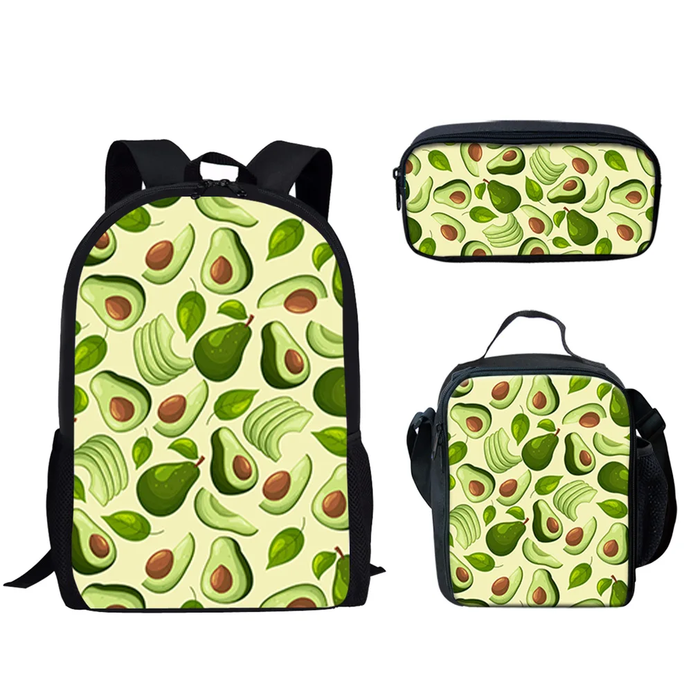 Ensemble de sacs d'école à motif d'avocat vert pour adolescents, sac à dos décontracté, sac à lunch, étui à crayons, garçon, fille, fruit, 3 pièces