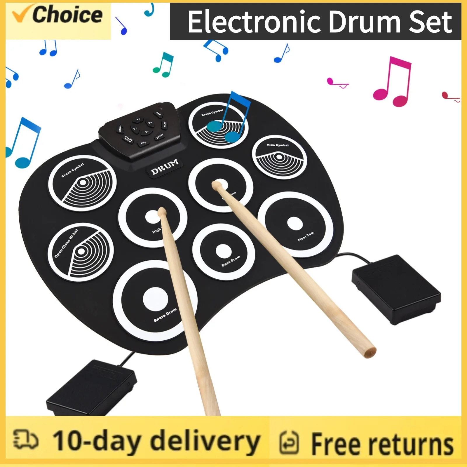 Electronic Drum Set Hand-rolled Drum 9 Pad MIDI Interface Supports DTX Games Portable Drum Set Gifts with Drumsticks Pedals