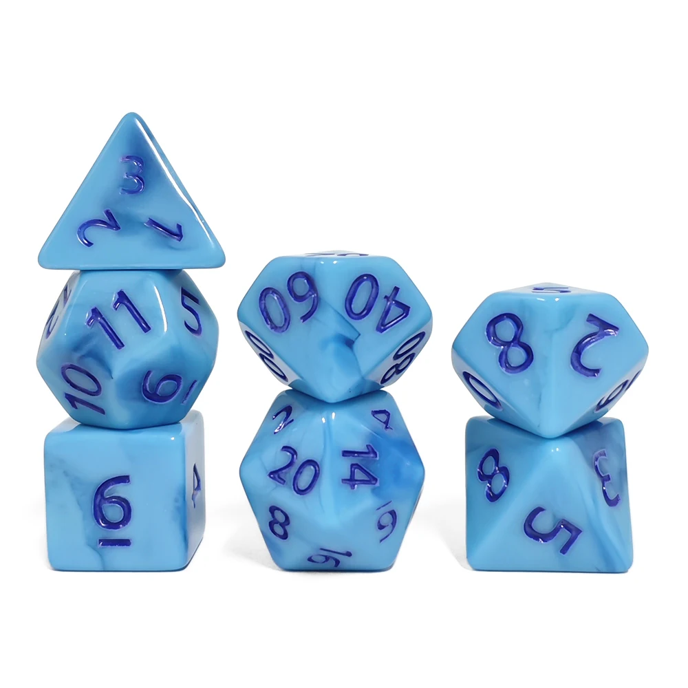 Two-Tone Swirl Blue Dice Set, 7Pcs Polyhedral Dice with Deep Blue Ink for D&D MTG Tabletop Games