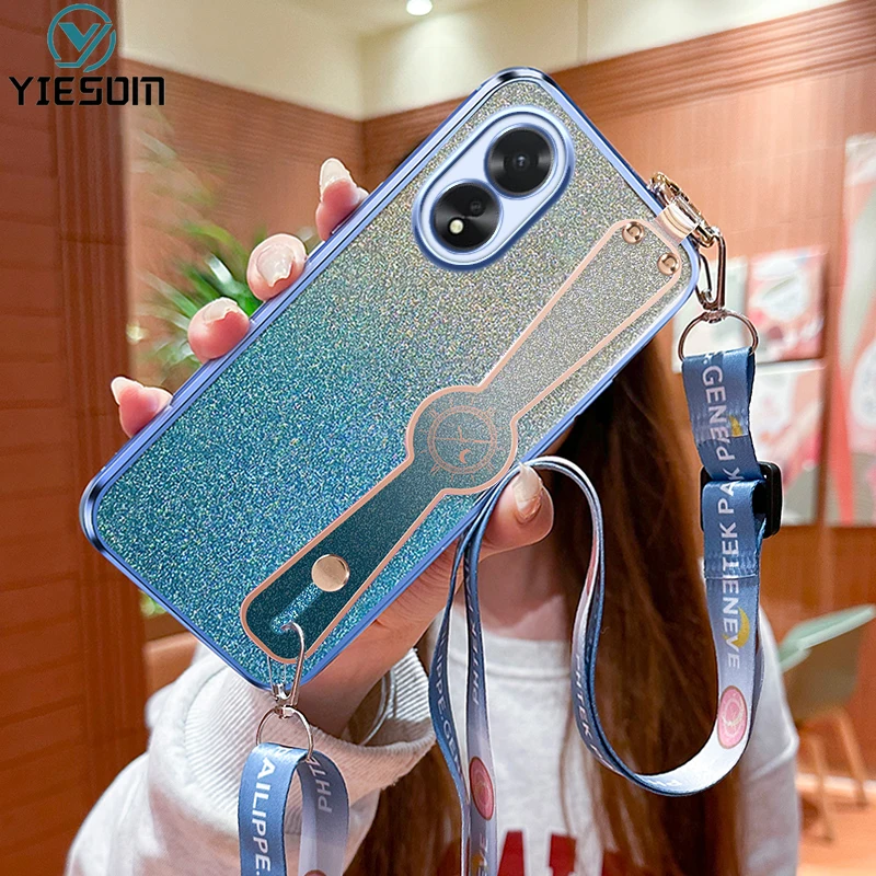 Glitter Wrist Strap Phone Case for OPPO A60 A98 A79 A58 A38 A18 4G A17 Soft Silicone Phone Holder Bracket Cover